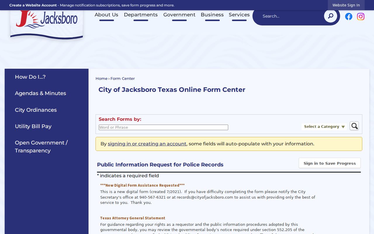 Jack County city police record request fields for warrant records