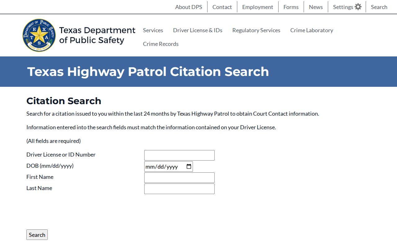 Jack County traffic warrant research, Texas Highway Patrol citation search fields