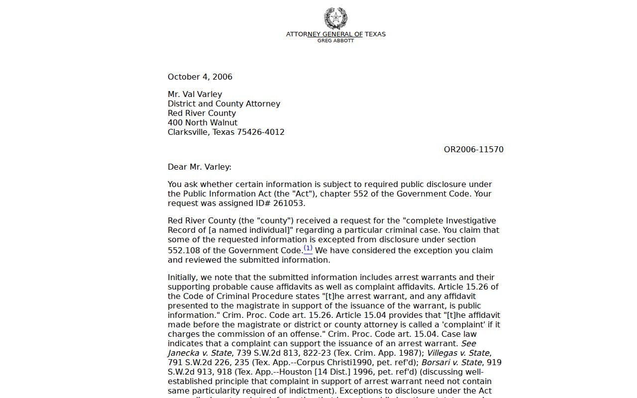 Jack County arrest warrant records, Texas AG explanation of public access after execution